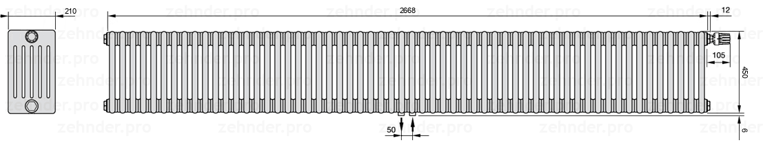 Схема (чертеж) Радиатор Zehnder Charleston 6045/58 №V008 Белый глянцевый RAL 9016
